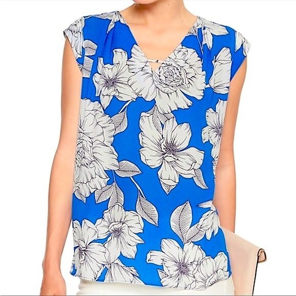 Banana Republic Blue Floral Print Drapey V-Neck Dolman Tank Top Size Small - Picture 1 of 8